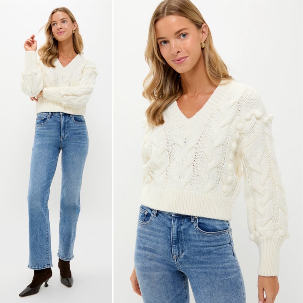 Hyacinth House Cable Knit Cropped Contessa V‎ Neck Sweater Ivory Pom Pom Bobble